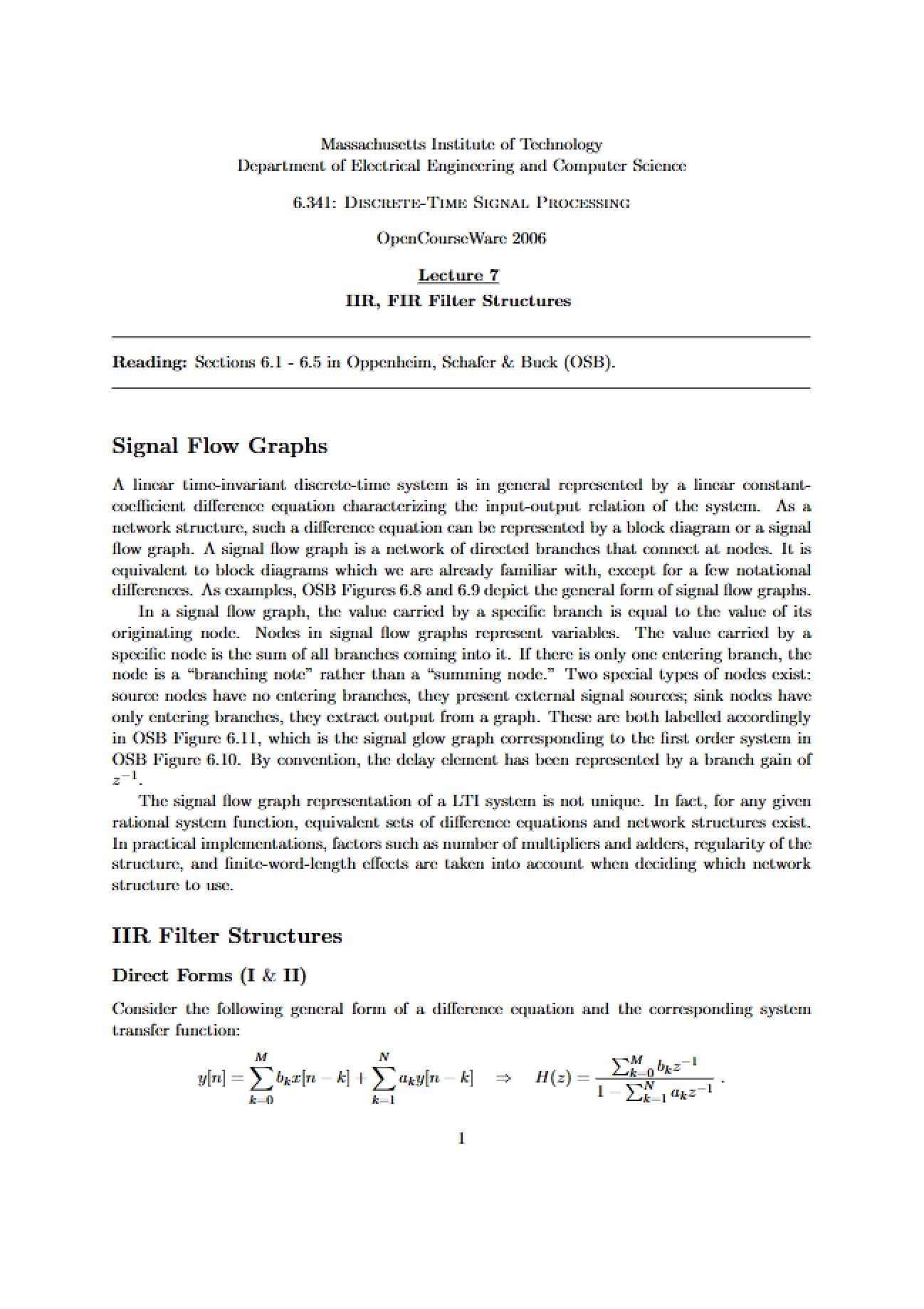 FIR and IIR Filter Structures (Lecture 7)