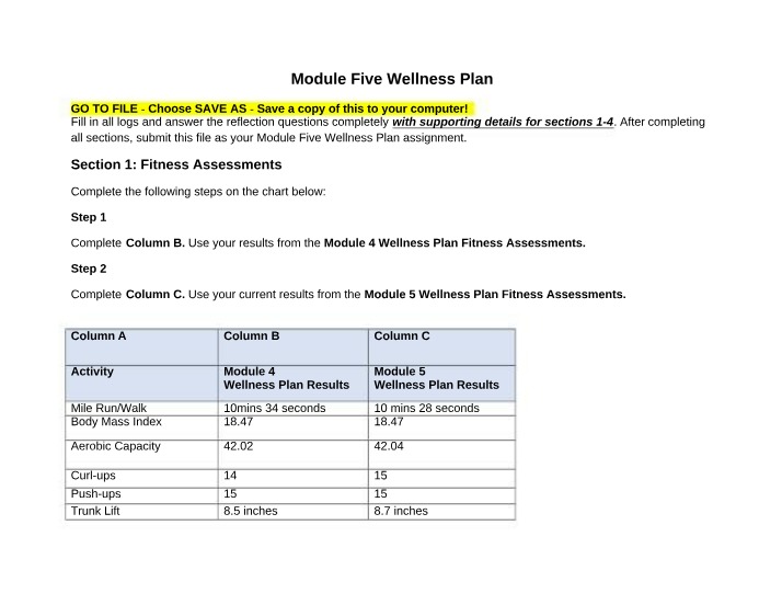 Module Five - Wellness Plan, Fitness Assessments, and Reflections