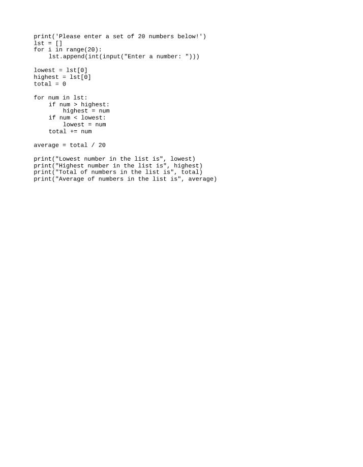 Python Code for List Average, Total, Highest, and Lowest