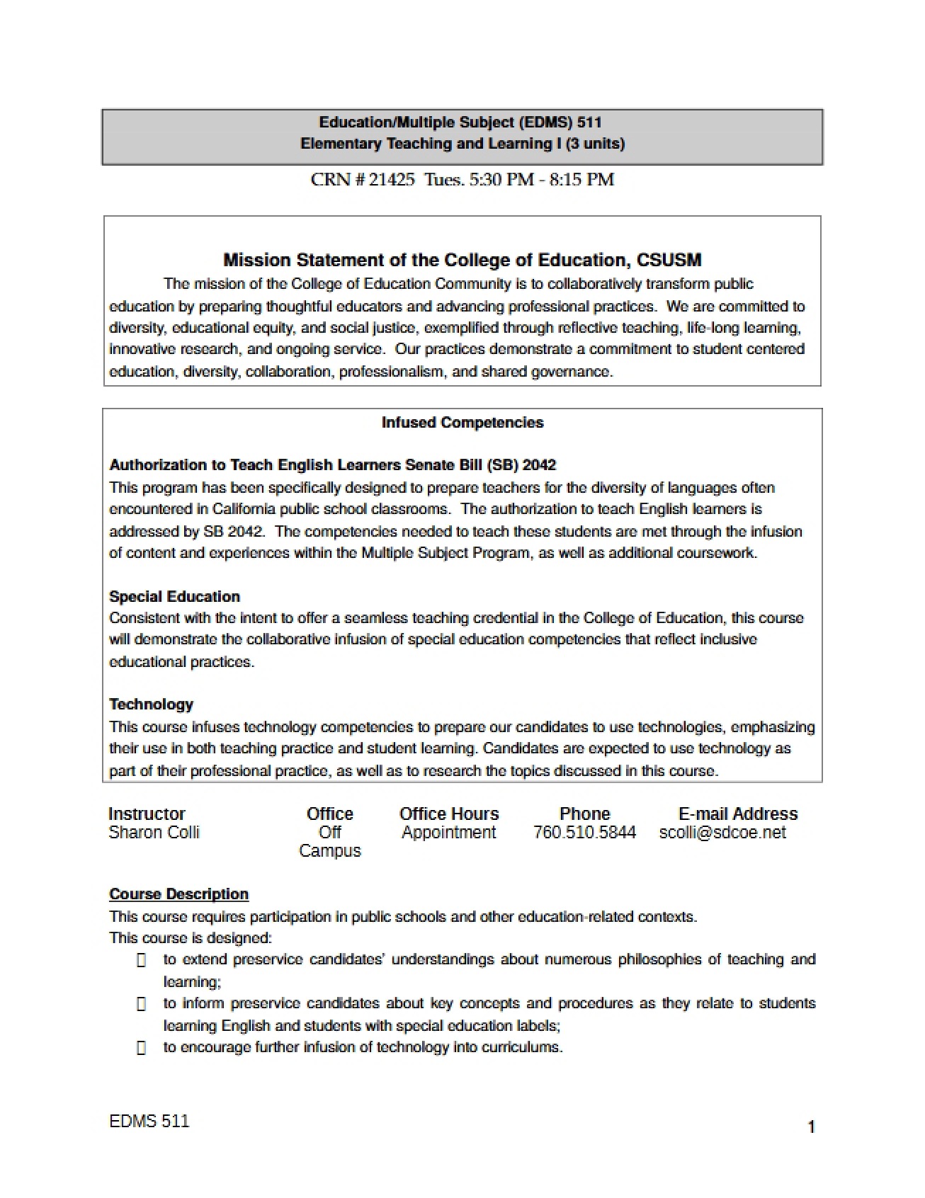 Colli Elementary Teaching Syllabus