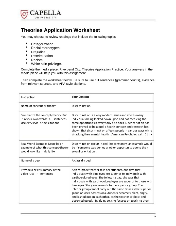 Theories Application Worksheet Master