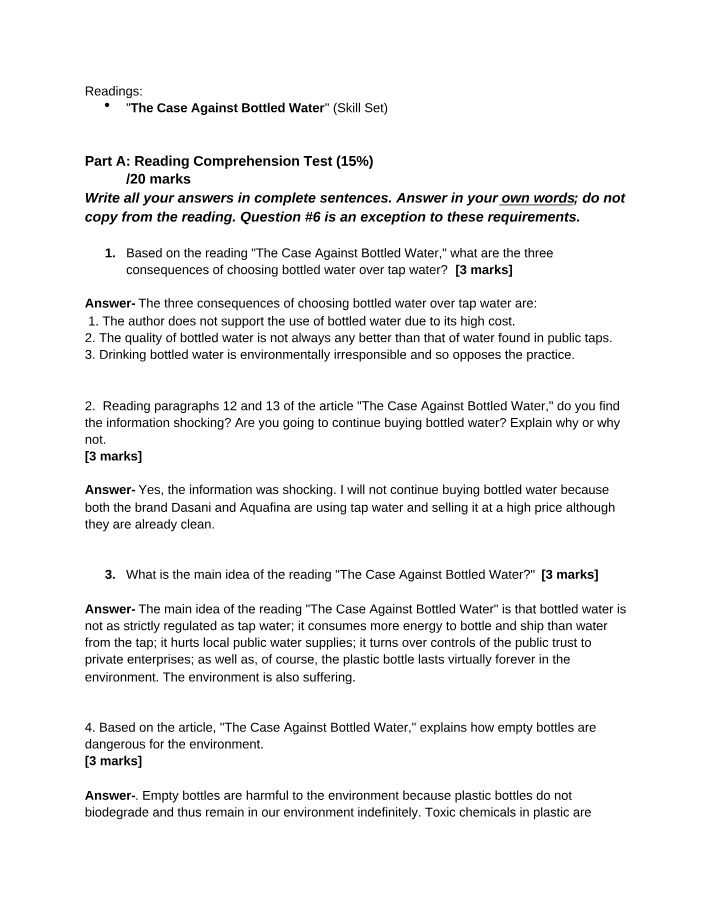 Reading Comprehension Test Answers for The Case Against Bottled Water