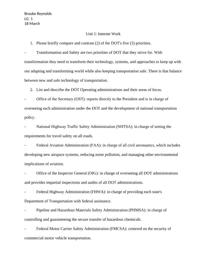 Comparing and Contrasting DOT Transportation Priorities