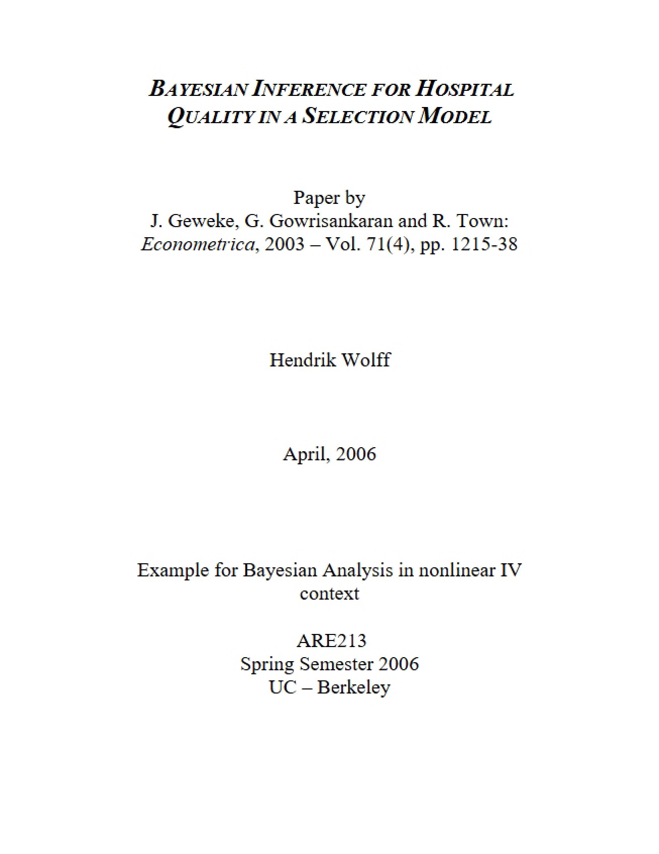 Selection Model Bayesian Inference on Hospital Quality
