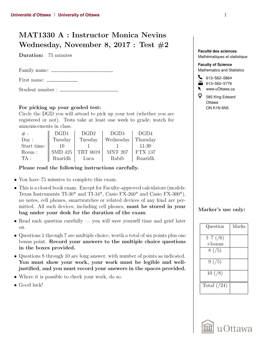 Test 2 - MAT1330 Section A