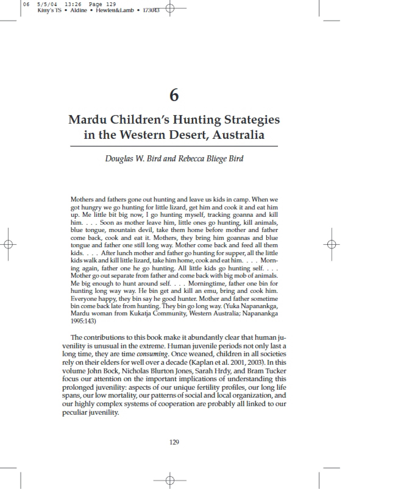 Western Desert Australia Hunting Strategies of Mardu Children