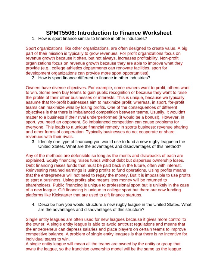 Introduction to Finance Worksheet Answers
