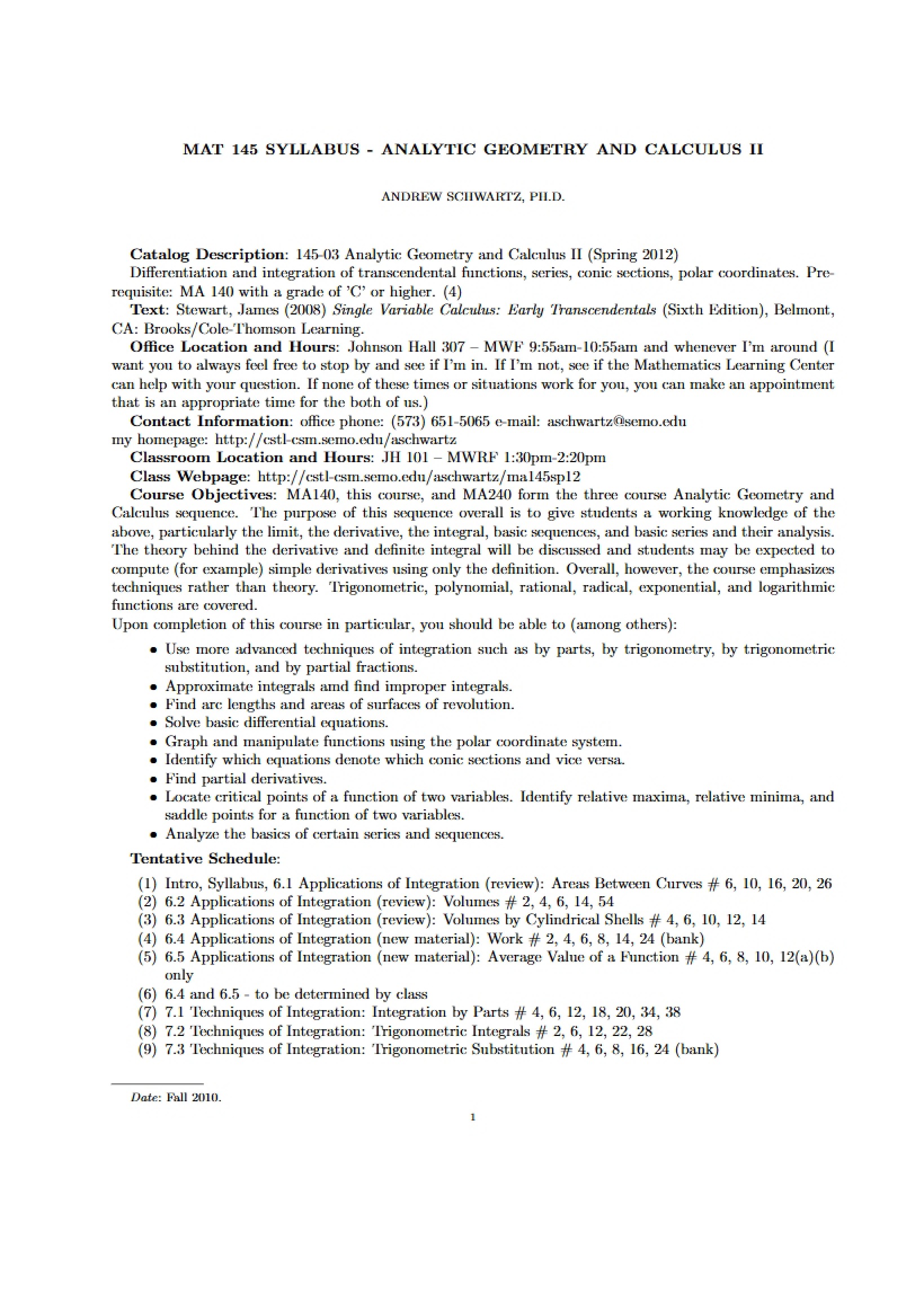 Syllabus for Calculus II