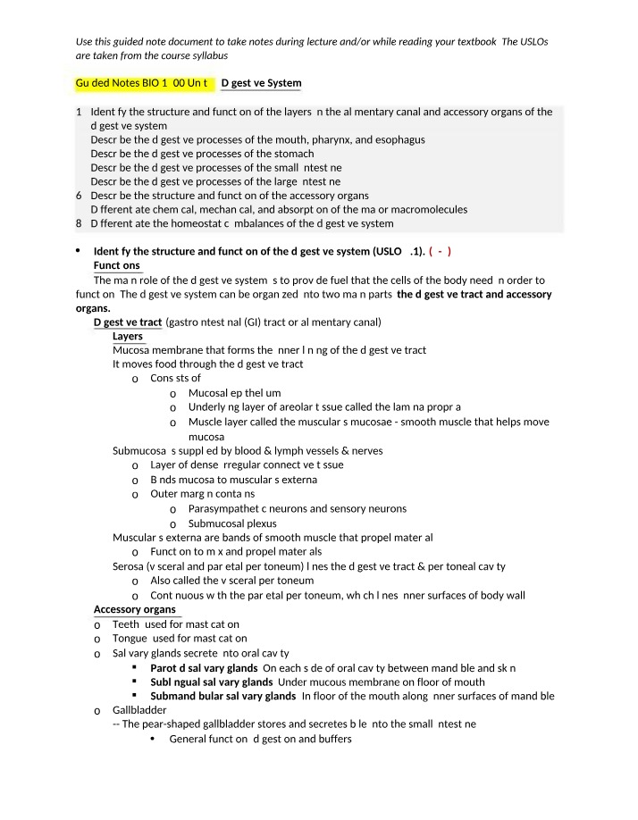 Guided Notes on the Digestive System