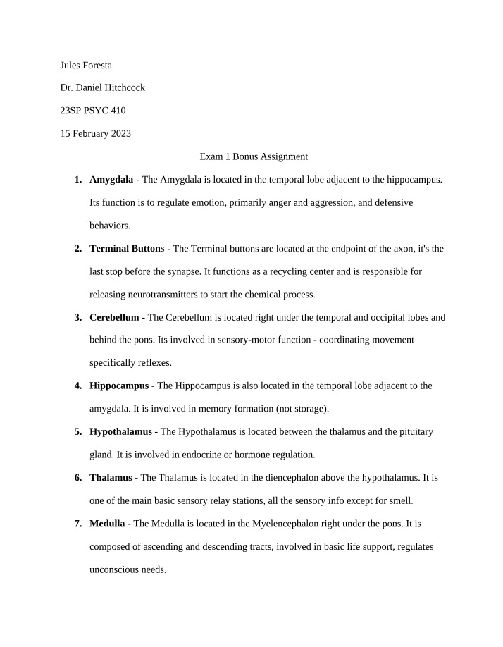 Exam 1 Bonus Assignment - Brain Structures and Functions