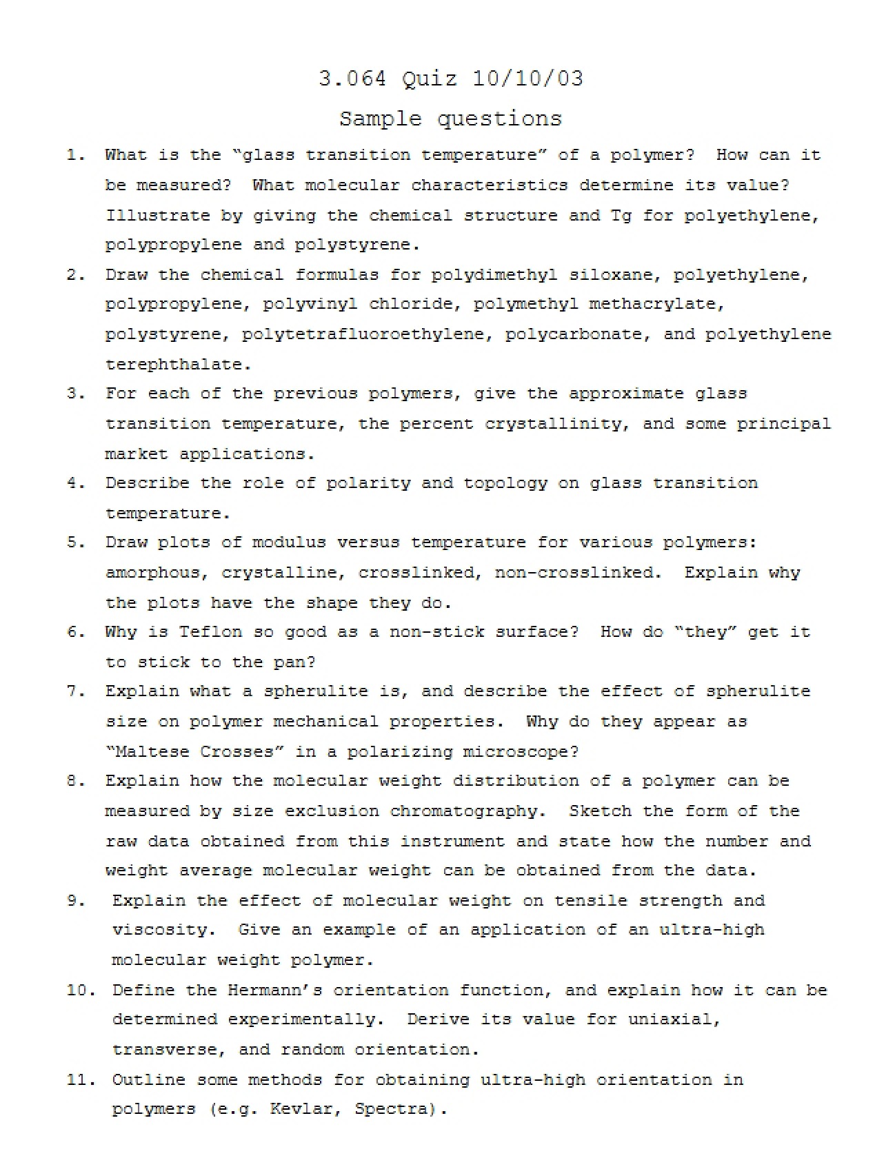 Sample Questions for Quiz