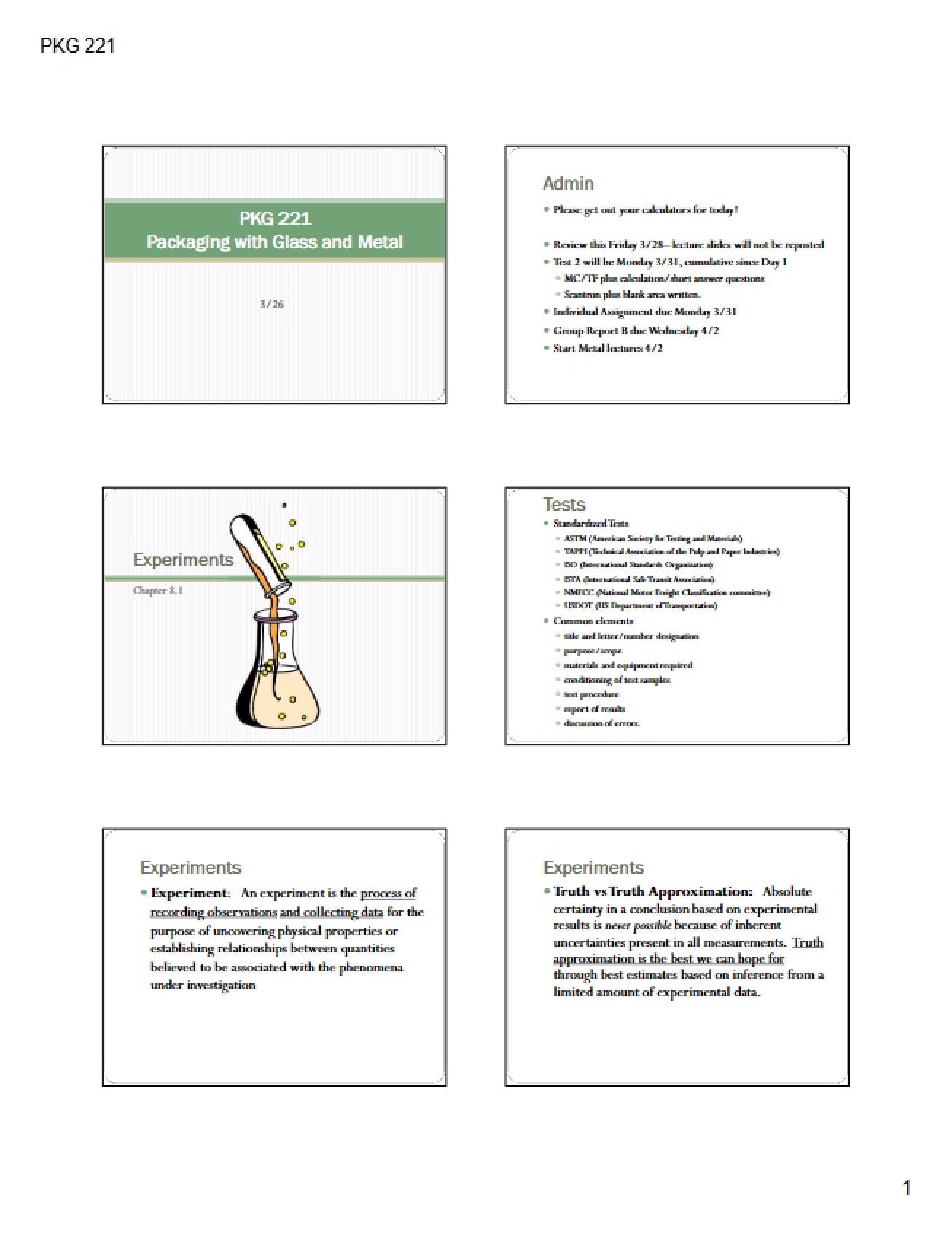 PKG 221 Mar 26 Lecture Experiments