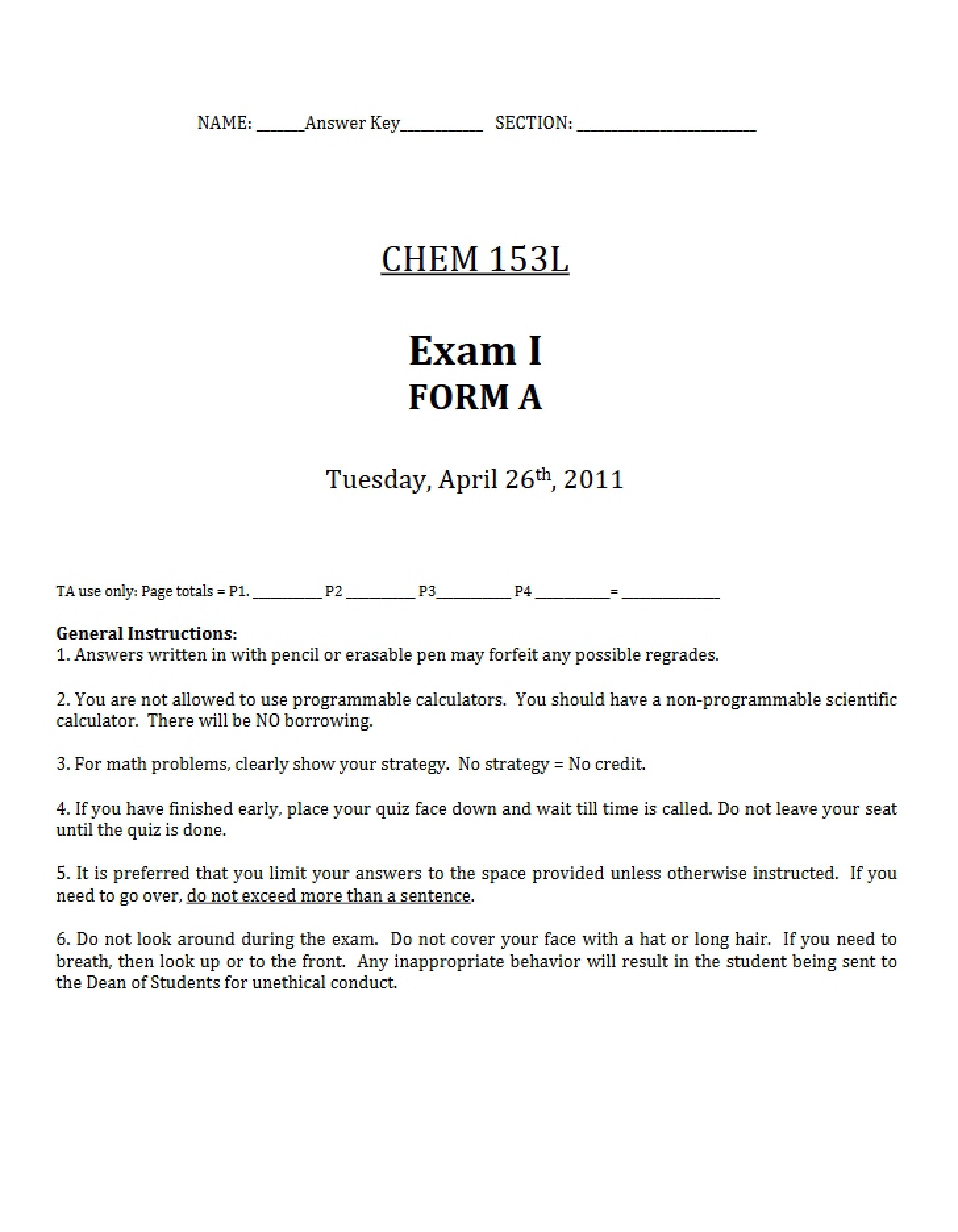 Key to Spring 2011 Exam I
