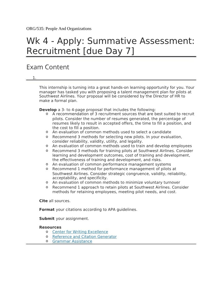 Southwest Airlines Pilot Recruitment and Talent Management Assessment