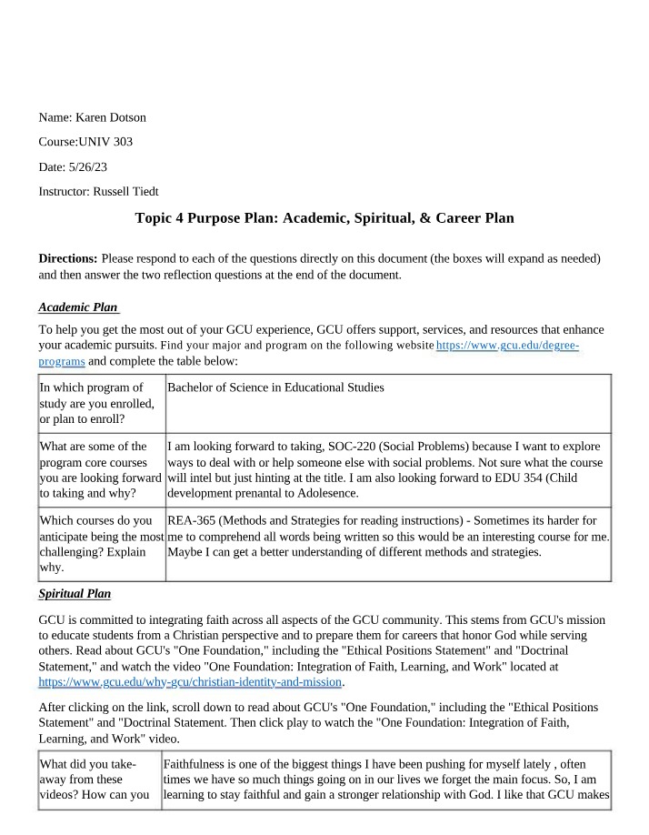 Topic 4 - Academic, Spiritual, and Career Purpose Plan