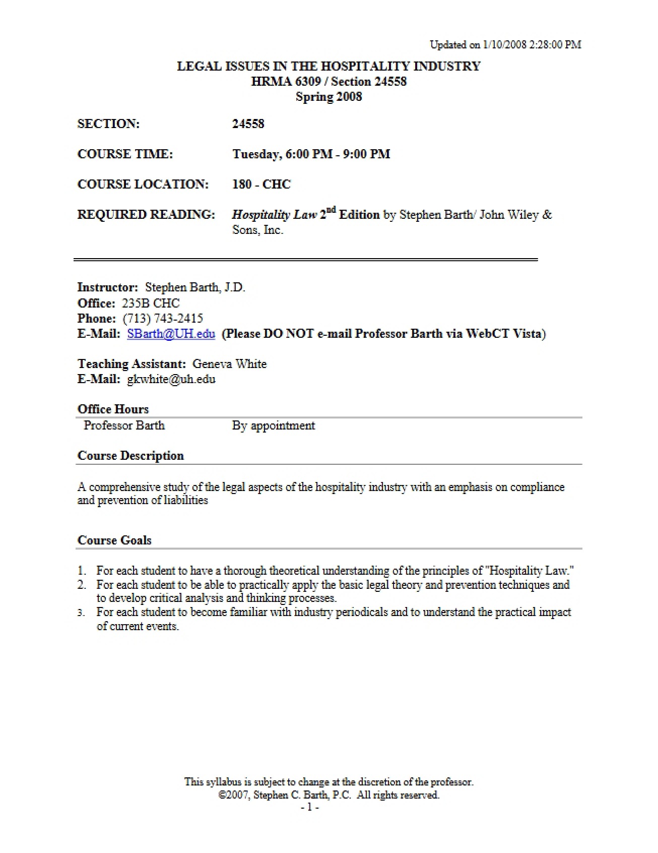 Hospitality Law Syllabus