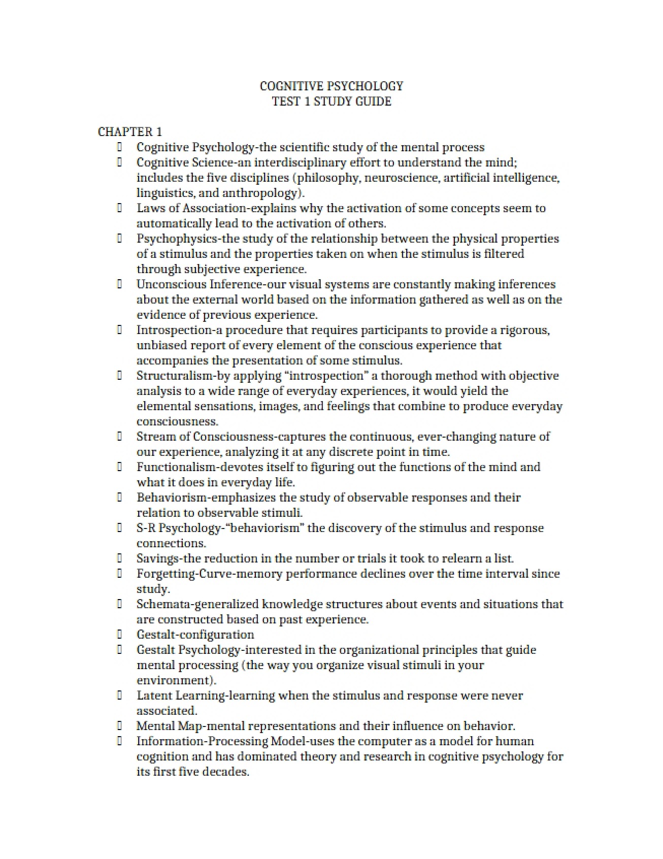 Study Guide for the First Test in Cognitive Psychology