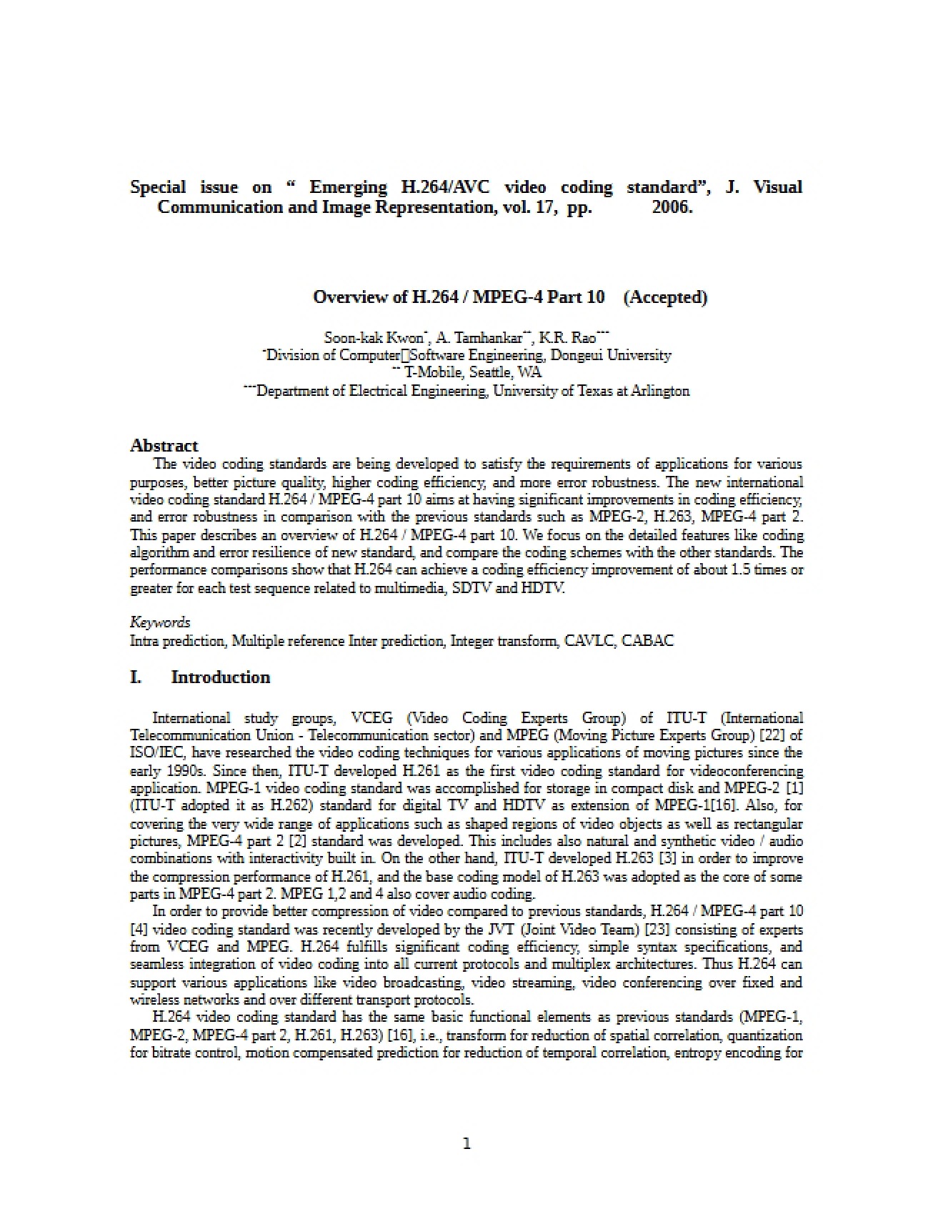 H.264 (MPEG-4 Part 10) Overview