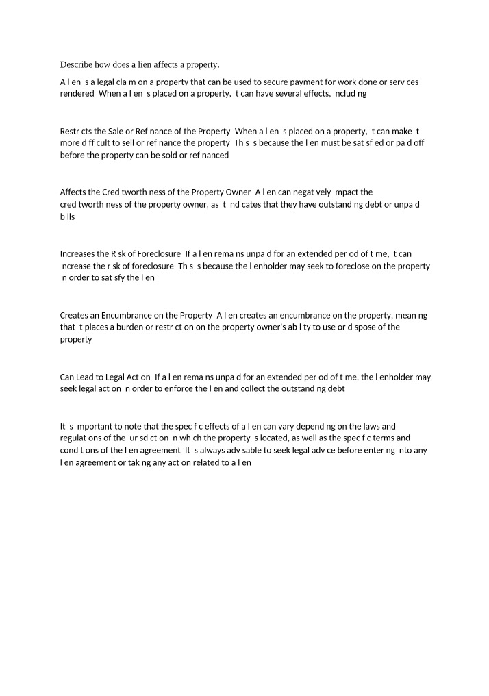 Effect of a Lien on Property