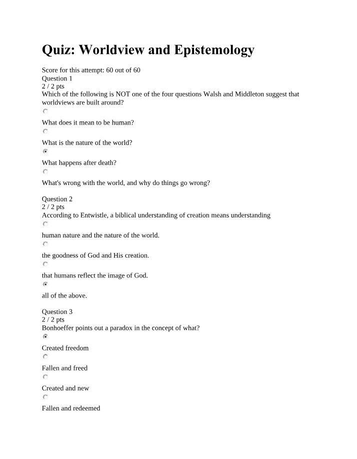 Quiz on Worldview and Epistemology