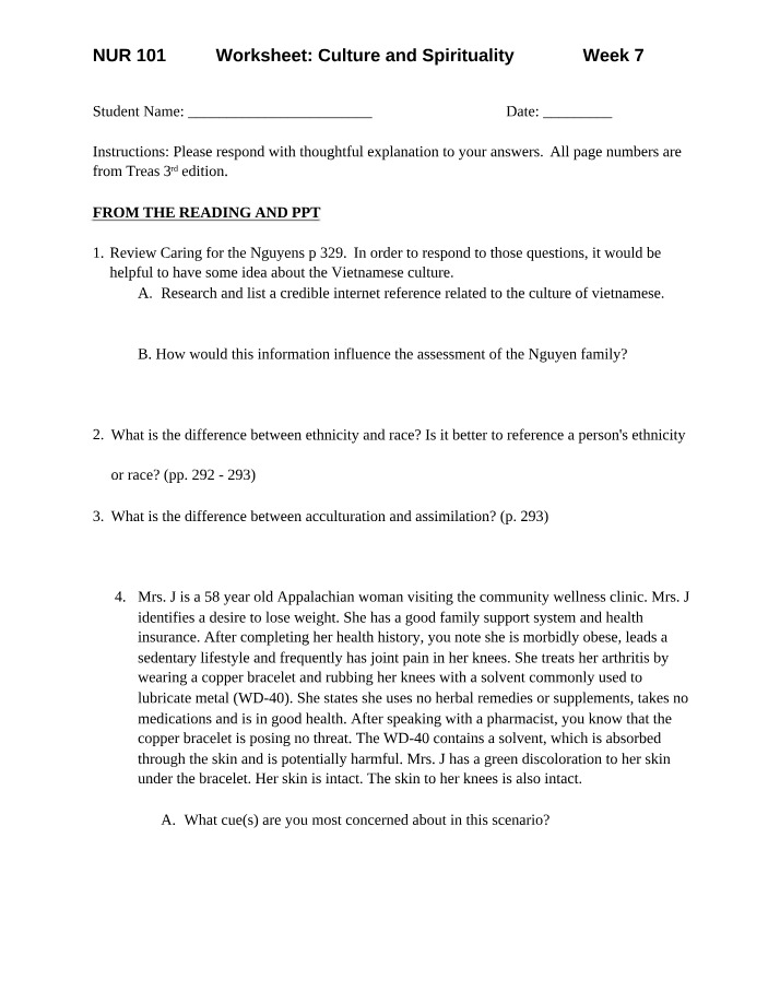Culture and Spirituality Worksheet - Week 7