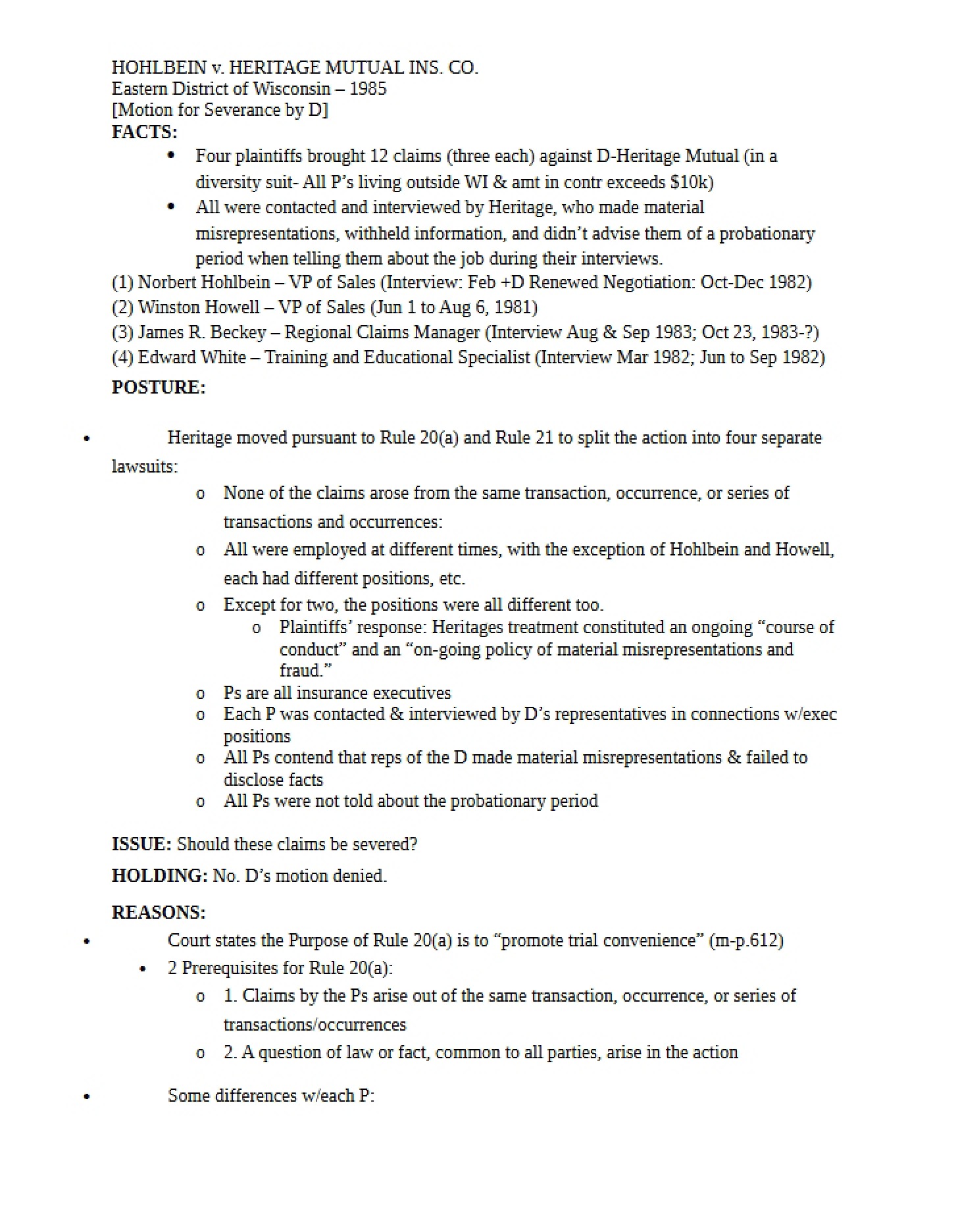 HOHLBEIN v. HERITAGE MUTUAL INS. CO Legal Brief
