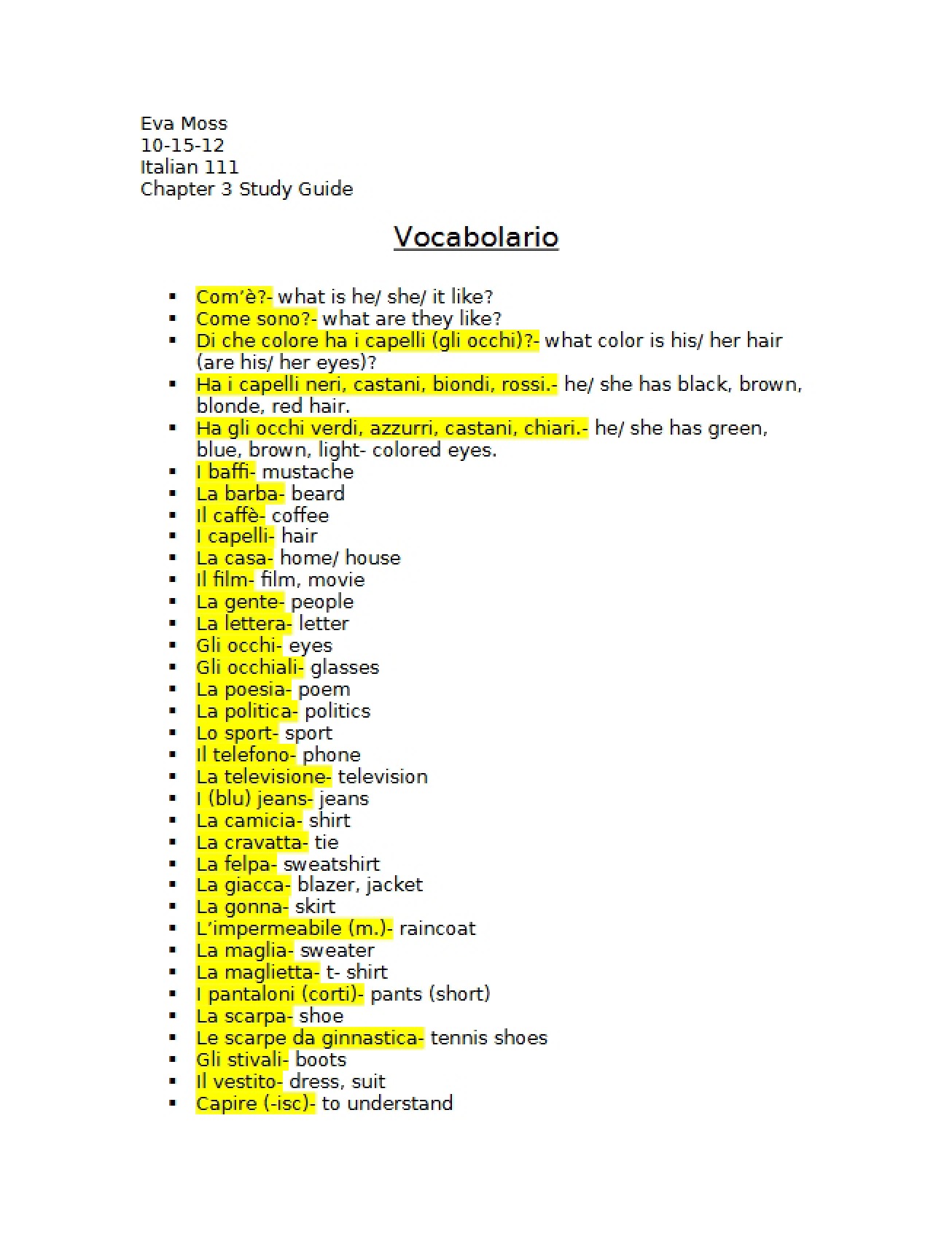 Third Chapter Study Guide for Elementary Italian (Part 1)