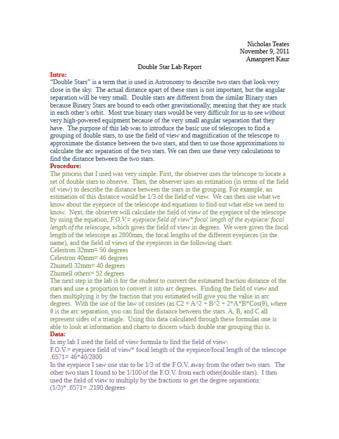 Lab Report on Double Stars