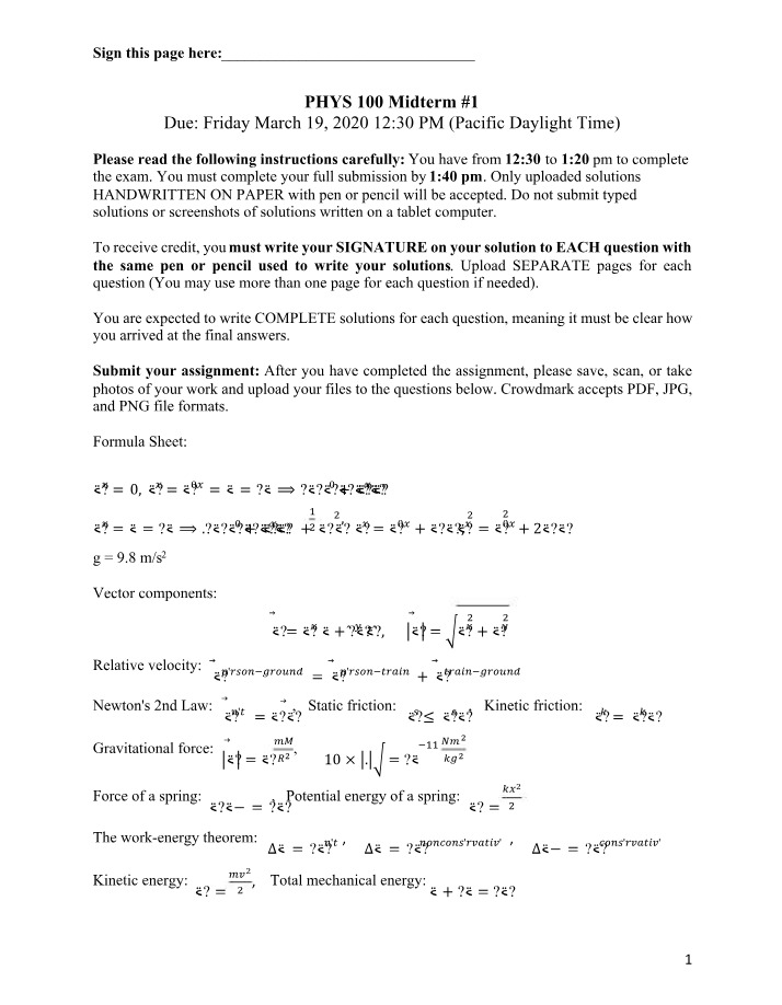 PHYS 100 Midterm 1 - Tips, Formulas, and Instructions