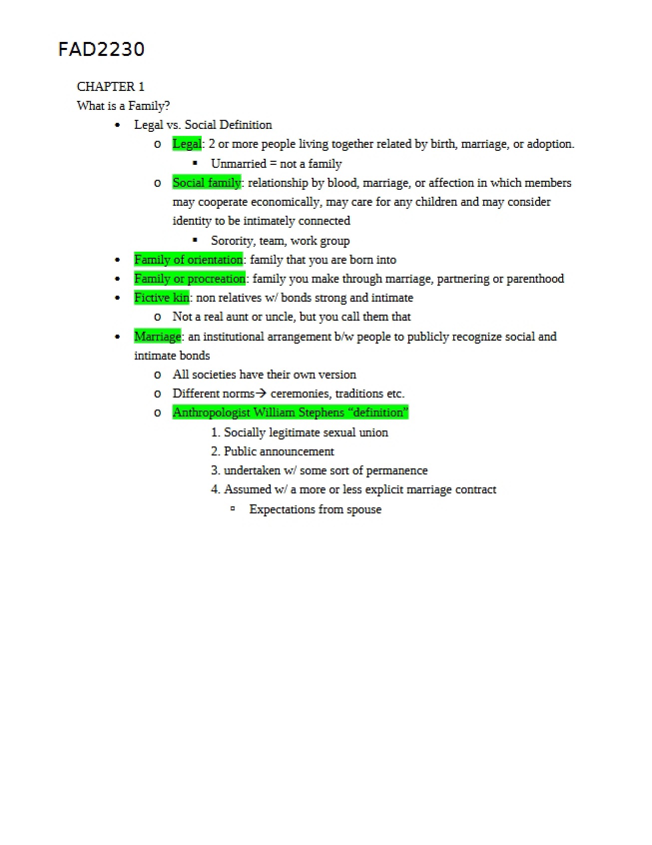 Chapter One Notes on Family Relationships