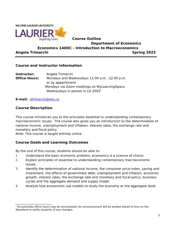 Introduction to Macroeconomics - Instructor Info and Course Outline