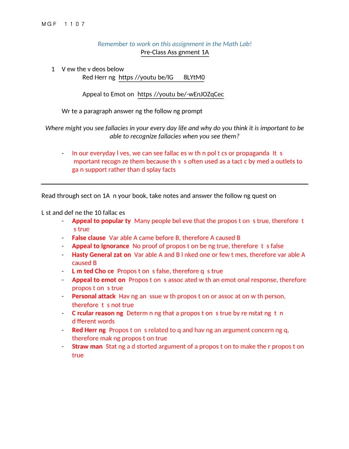 Pre-Class Worksheet 1A and 1B