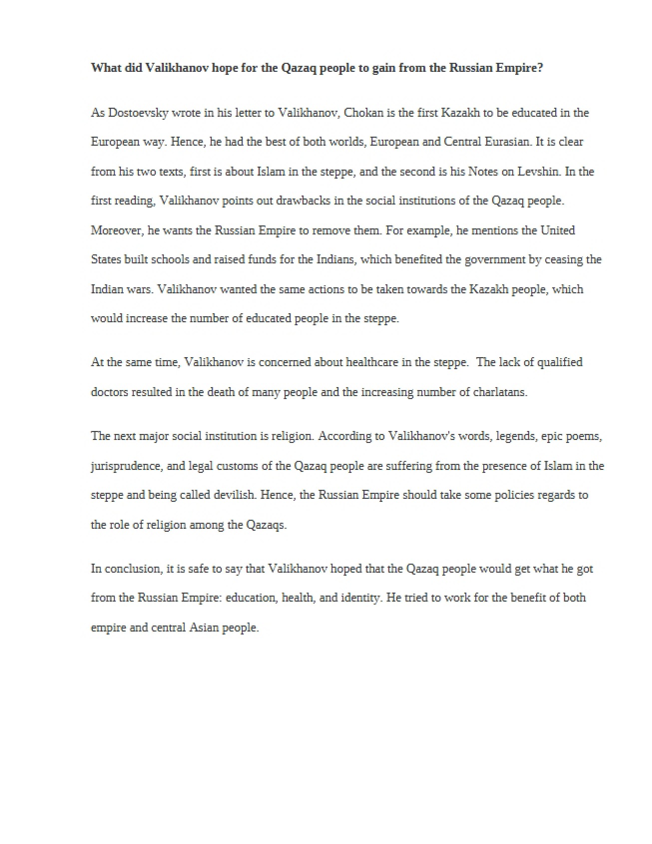 Valikhanov's Hopes for the Qazaq People