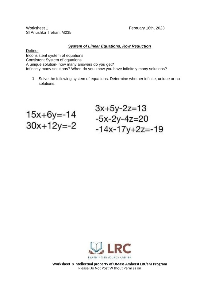 Worksheet - System of Linear Equations and Row Reduction