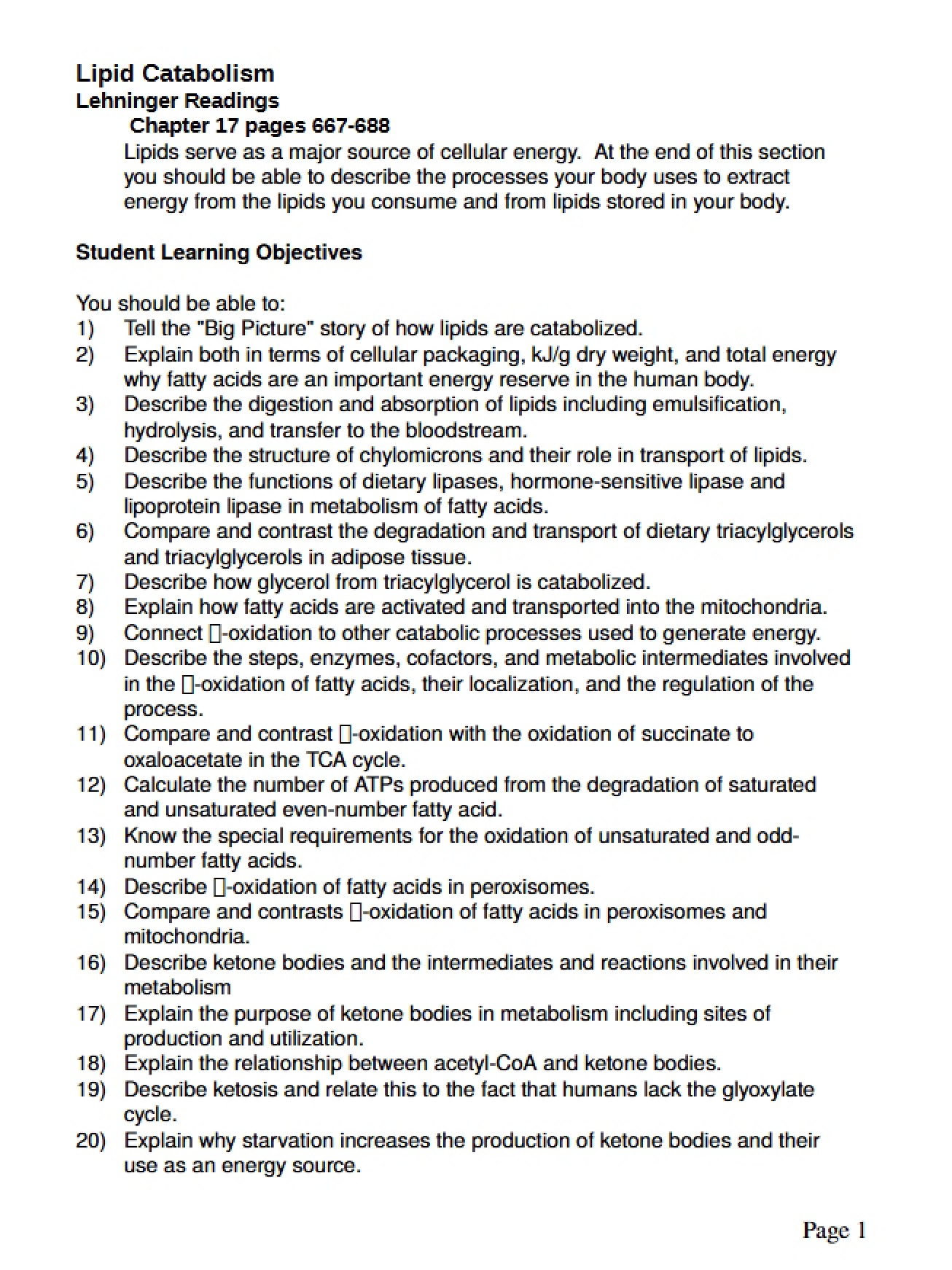 Catabolism of Lipids Lectures 8-9