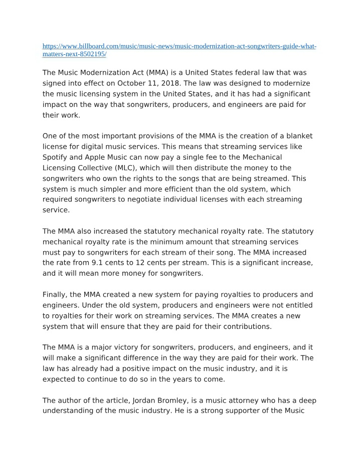 Analysis of the Music Modernization Act