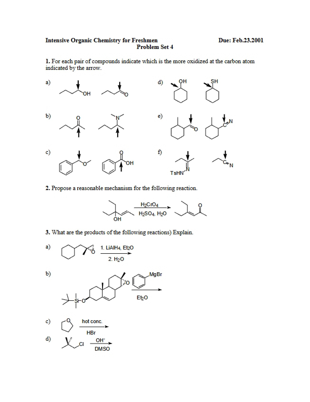 Problem Set for Freshman Organic Chemistry