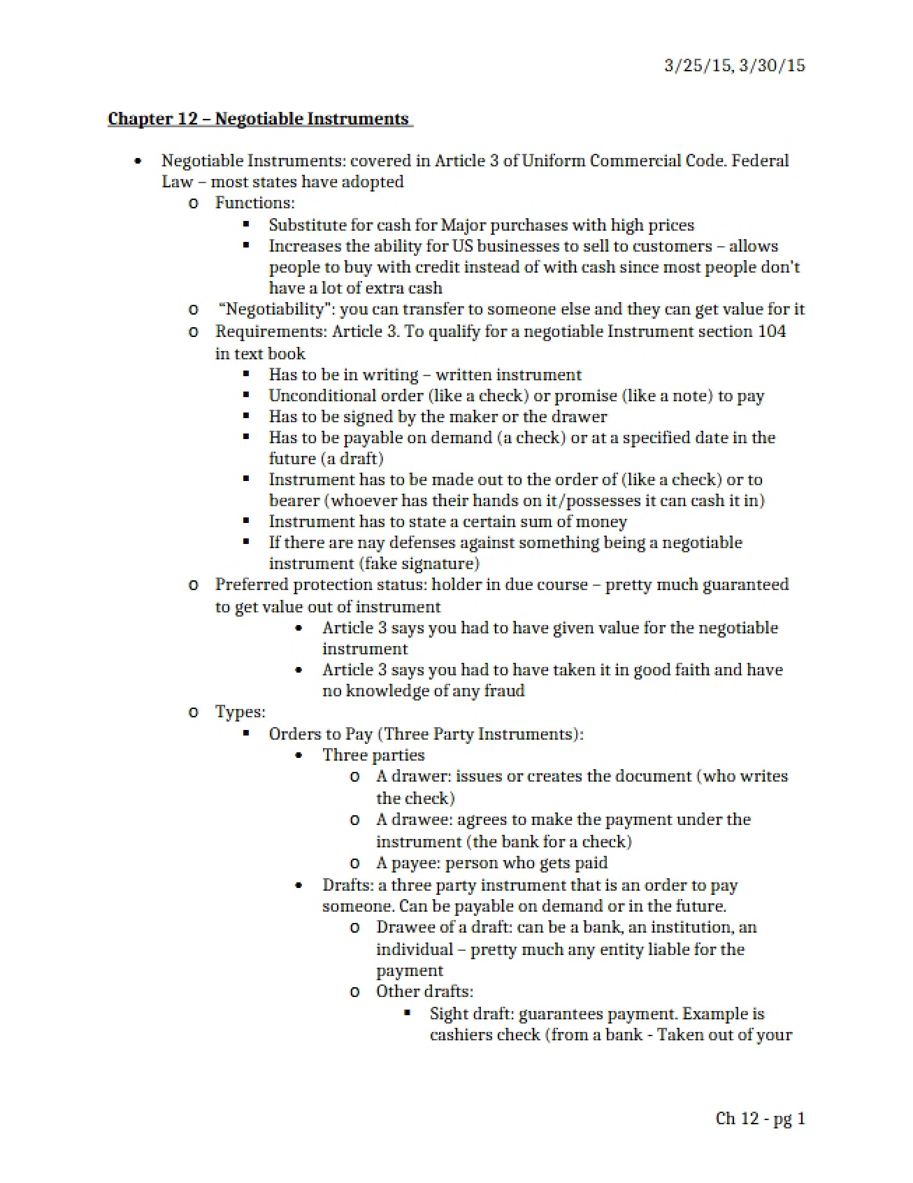 Negotiable Instruments (Chapter 12)