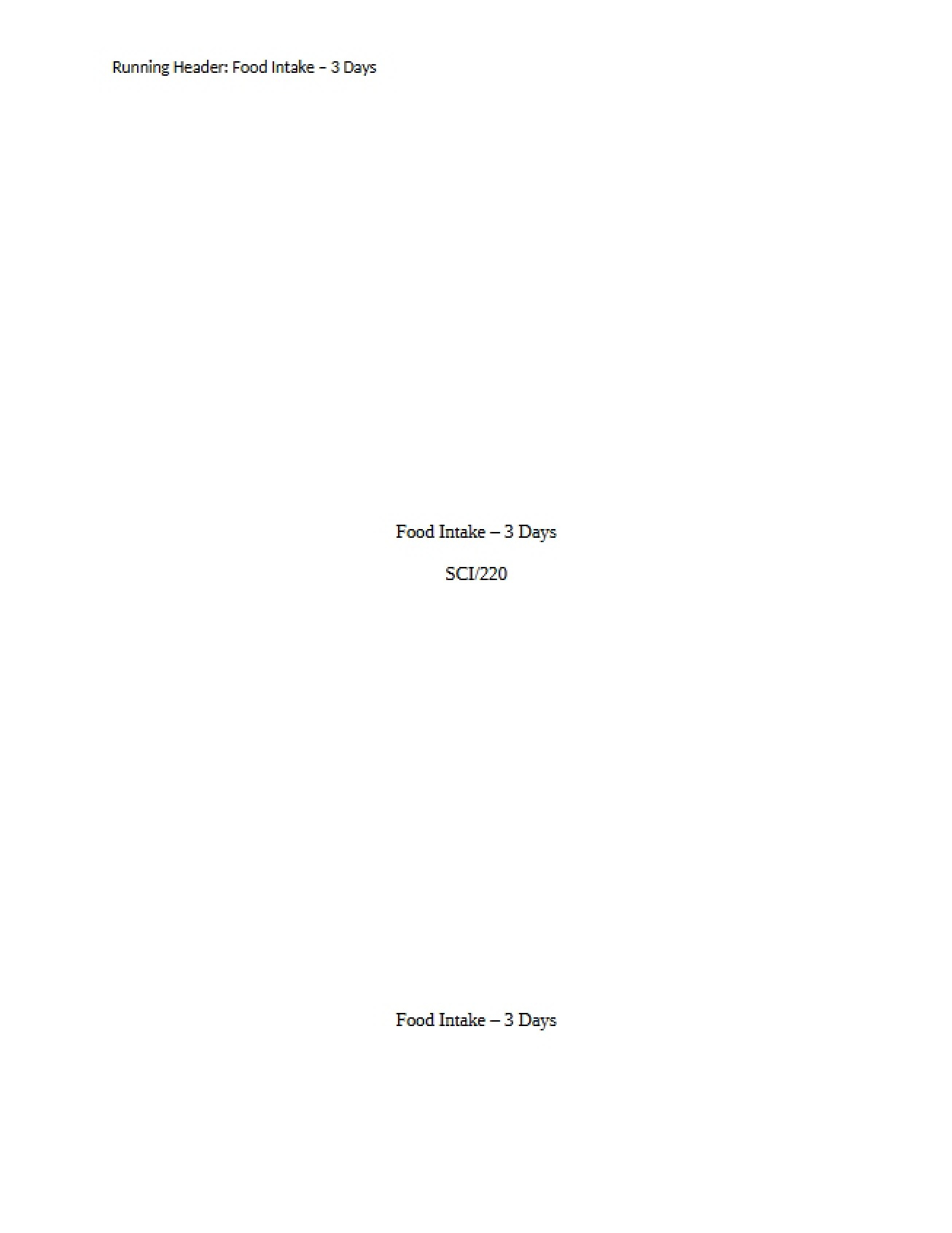 Three Day Food Intake Log