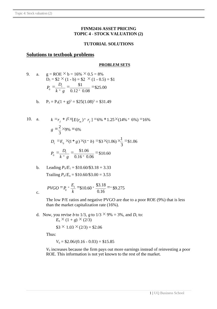 Topic 4 - Stock Valuation Tutorial Solutions