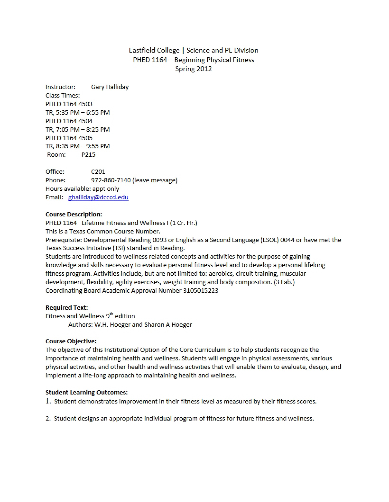 Course Syllabus for Physical Fitness and Wellness