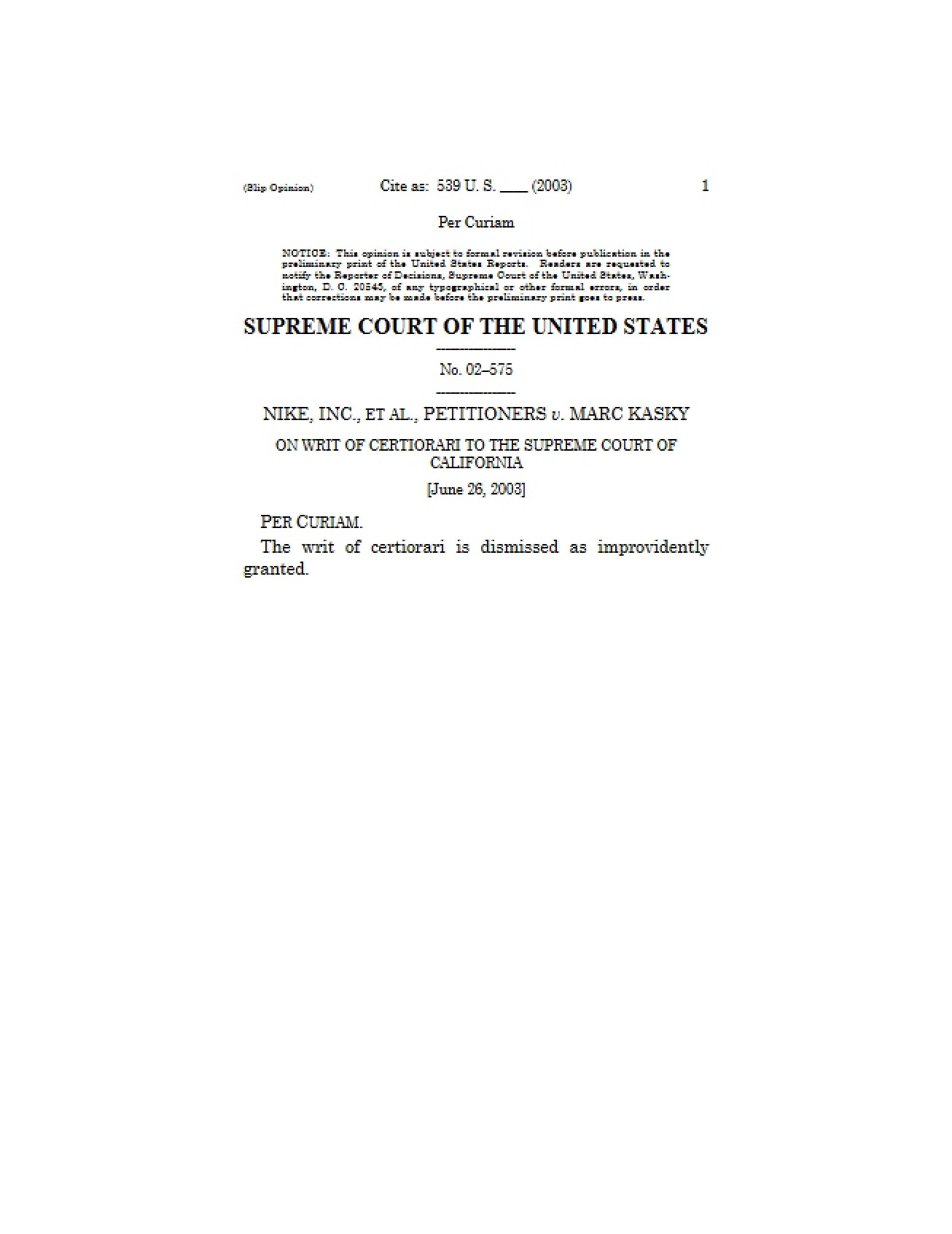 Supreme Court Case Nike v Kasky