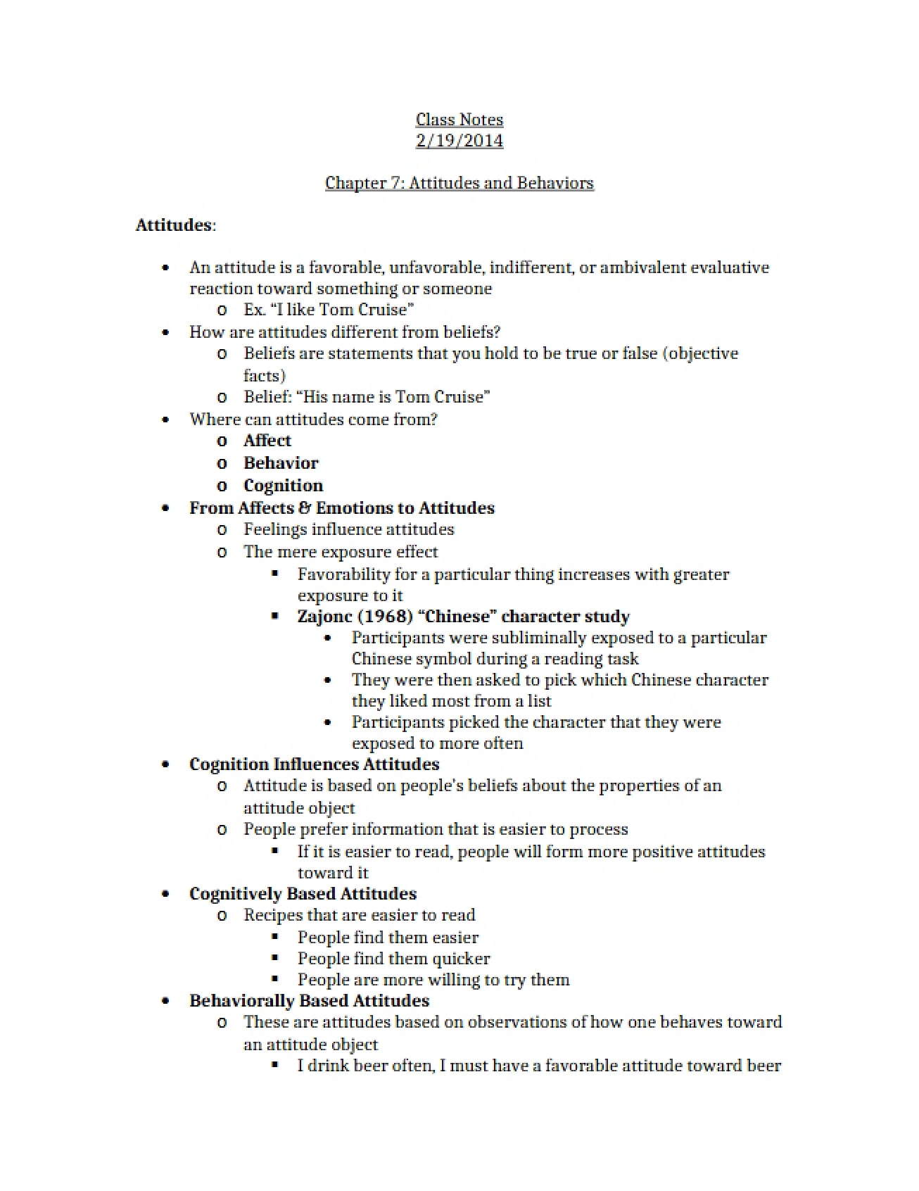 Notes on Attitudes and Behaviors