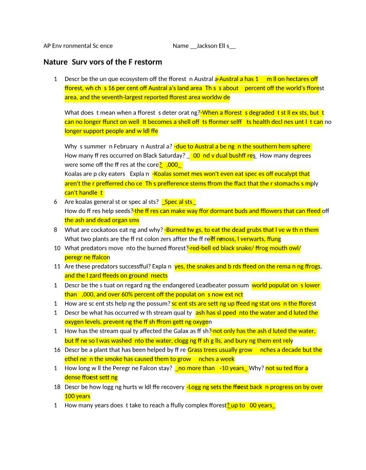 Study Guide - Nature Survivors of the Firestorm