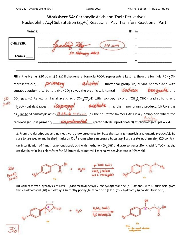 Carboxylic Acids and Their Derivatives - Worksheet 5A