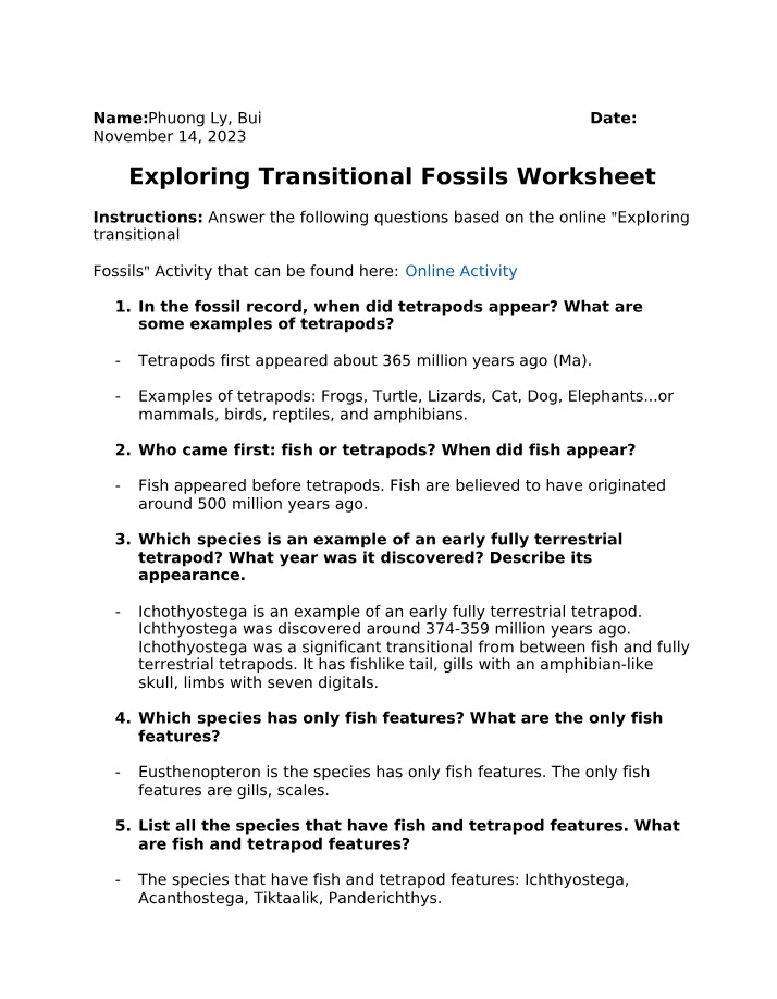 Worksheet on Transitional Fossils
