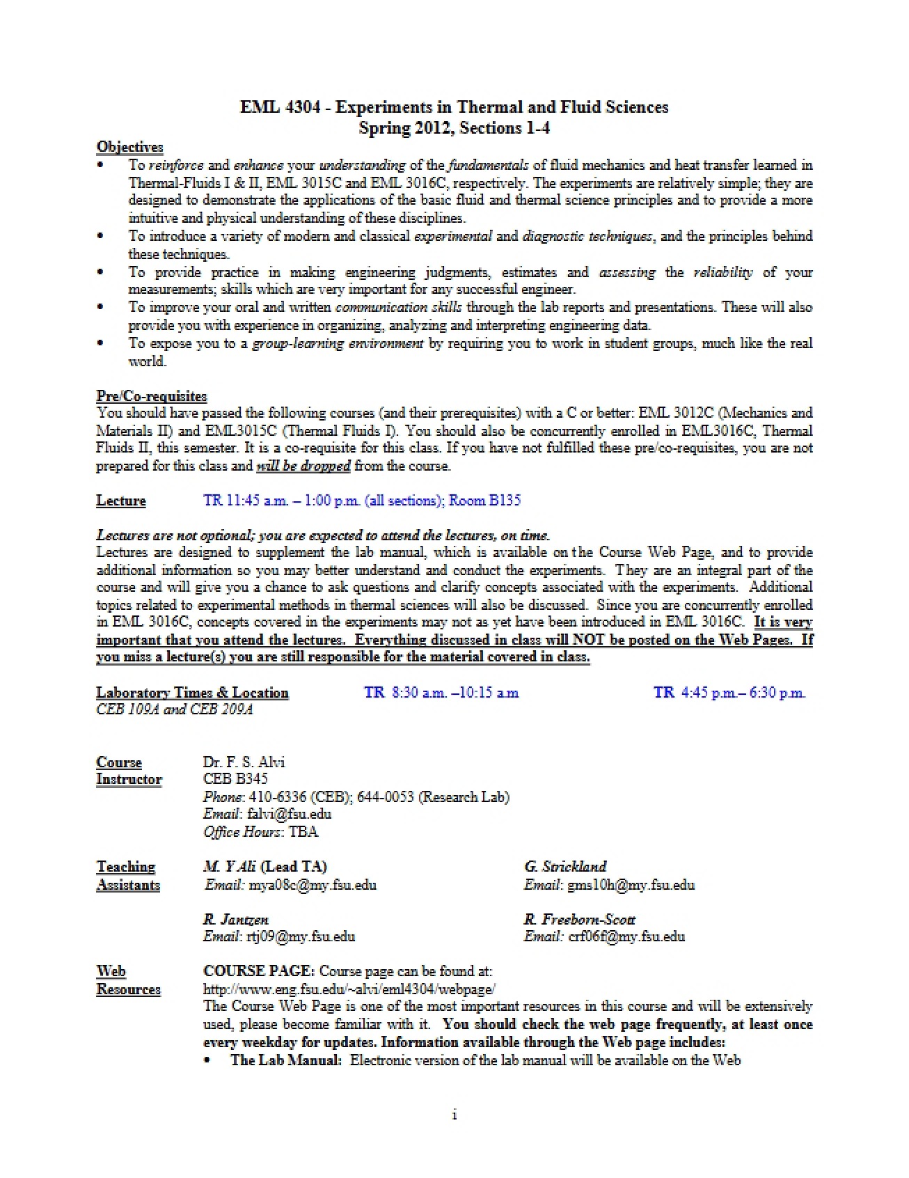Thermal-Fluids Laboratory Course Outline