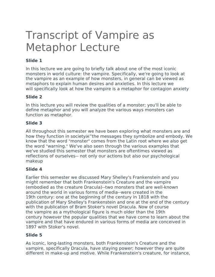 Lecture Transcript - Vampire as Metaphor