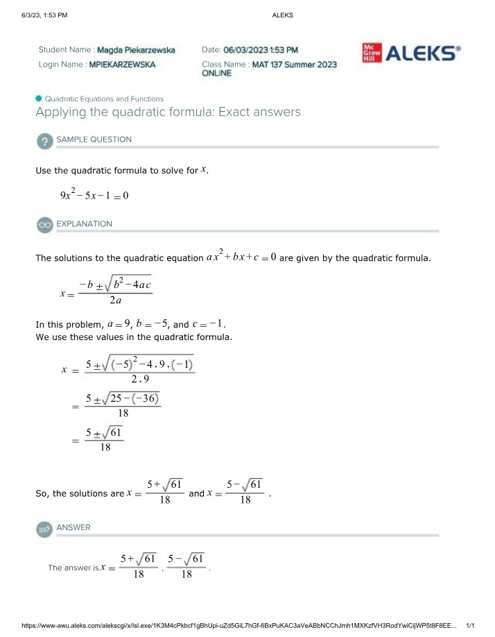 Solving 9x^2 - 5x - 1 Using the Quadratic Formula