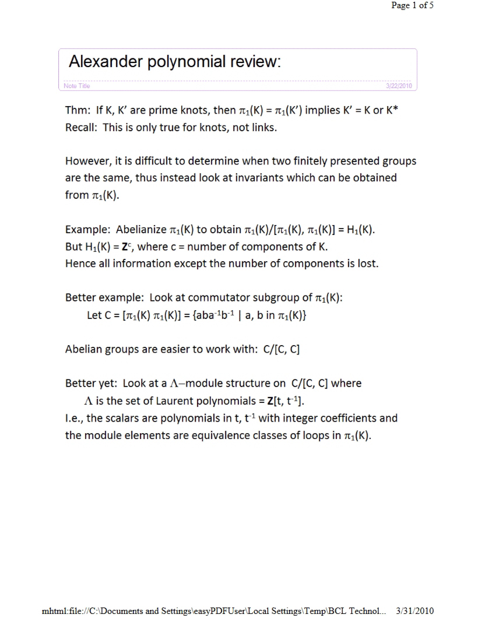 Review of Alexander Polynomial